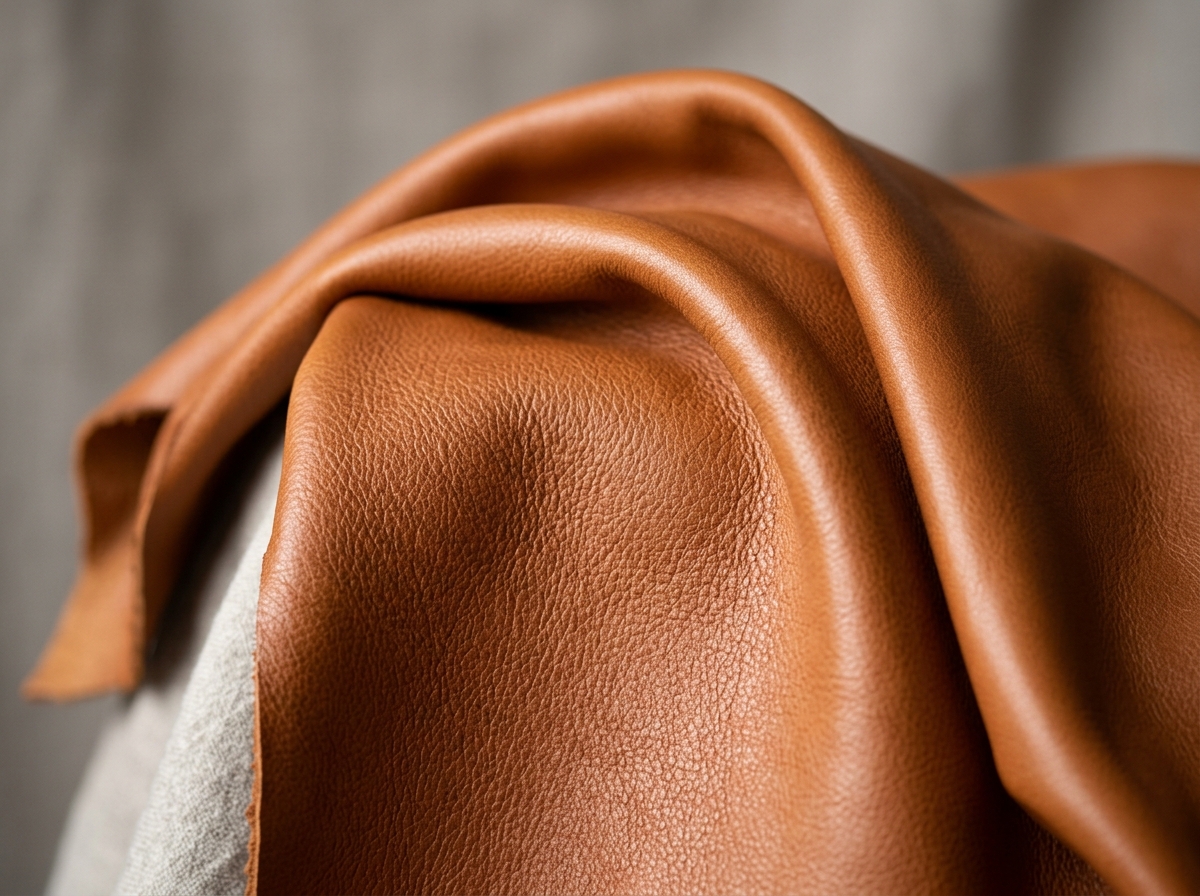 Rich cognac tan goat nappa leather showing characteristic pebble grain