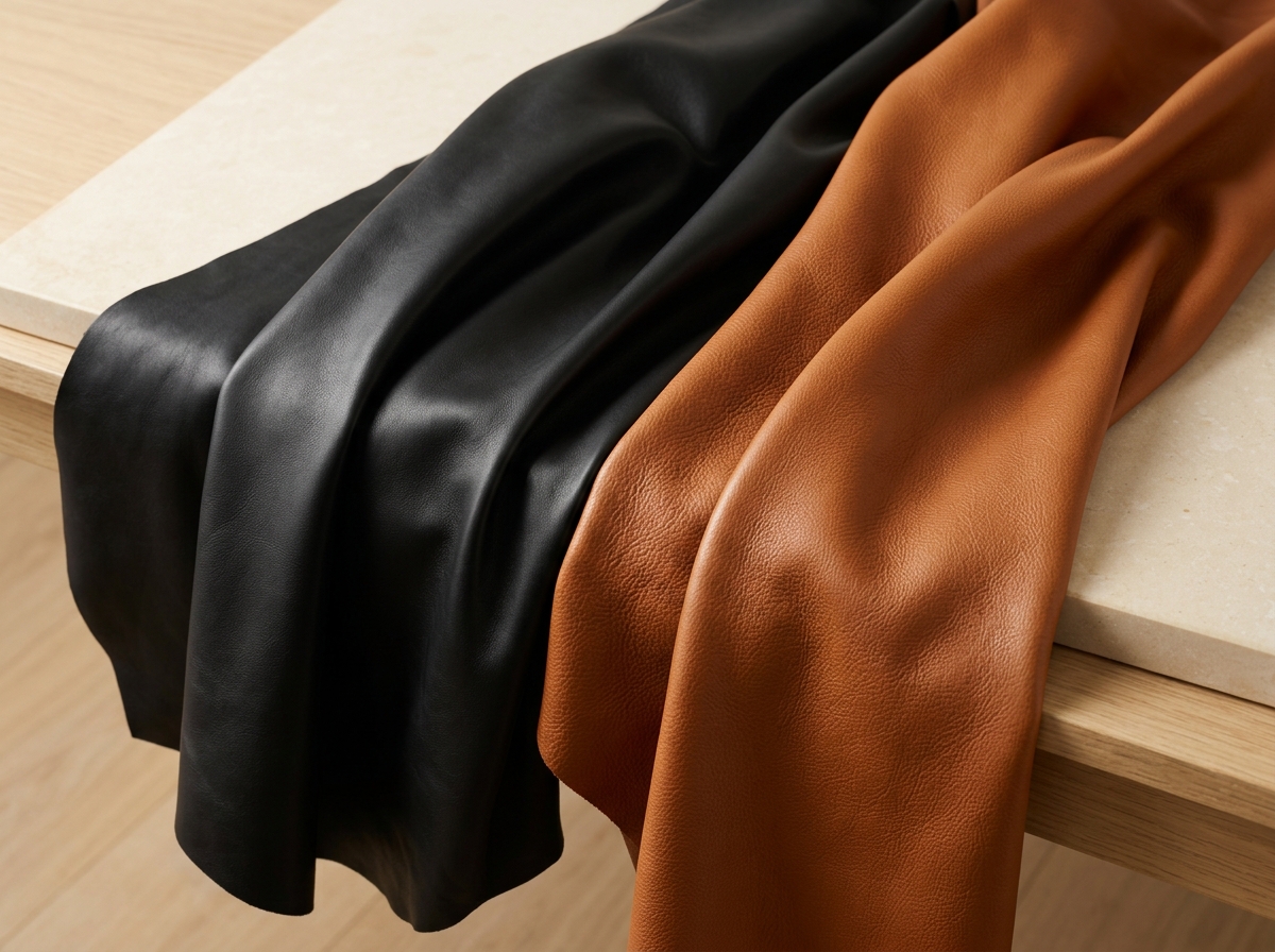 Draped sheep and goat nappa leather hides showing fine grain texture, soft temper, and natural sheen