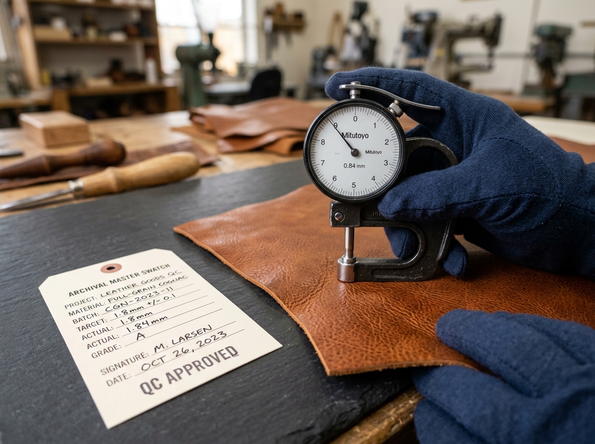 Technical substance and thickness check on leather swatch